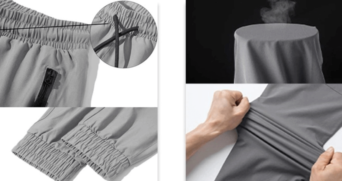 Close-up of travel women's quick-drying pants featuring zippered pockets, drawstring, and stretchable fabric.